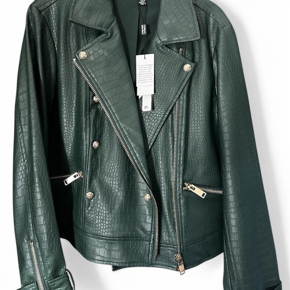 Catherine Malandrino Jackets & Blazers - Catherine Malandrino Dark Green Croc-Embossed Moto Jacket
